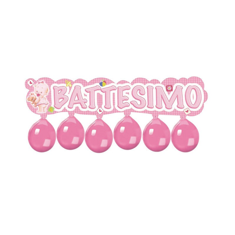 Striscione Kit con palloncino Battesimo Cuore Rosa 110x26 cm