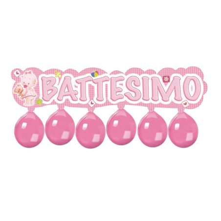 Striscione Kit con palloncino Battesimo Cuore Rosa 110x26 cm