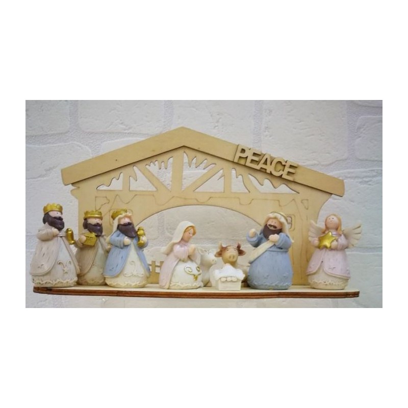Presepe con base in legno e statuine in resina Natale Dimensioni base: 19 x 15.5 x 9.5 cm