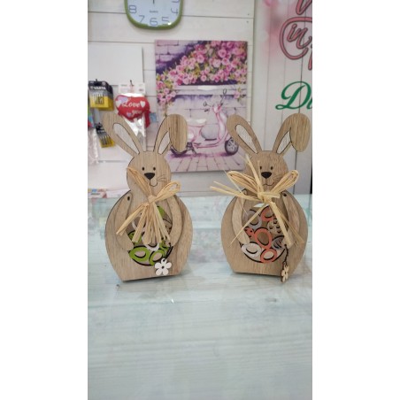 Coniglio legno con vaso 23 cm vari colori